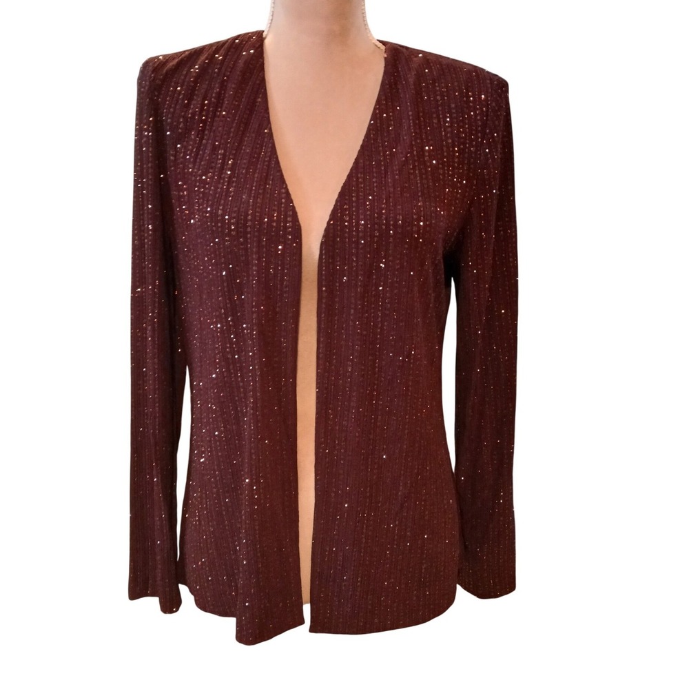 Alex Evenings Womens Maroon Metallic Glitter Open Front Cardigan Jacket 8 Wine
